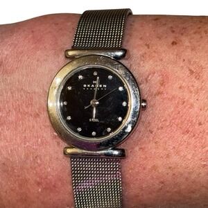 Skagen Denmark Women's Steel Mesh Band Black Dial Crystal Accents Watch‎
